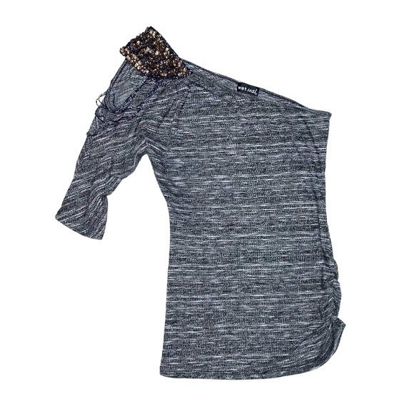 Sexy Cold Shoulder Beaded Gray Space Dye Ruched Asymmetrical Blouse Shirt Top - Picture 1 of 5